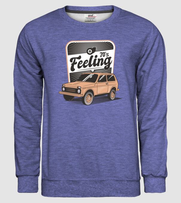 Mașină Retro anii 70 Lada Niva model albastru jeanși pe tricou