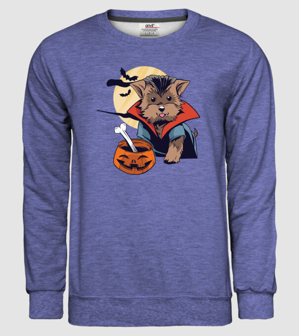 Vampir Yorkie Halloween model albastru jeanși pe tricou