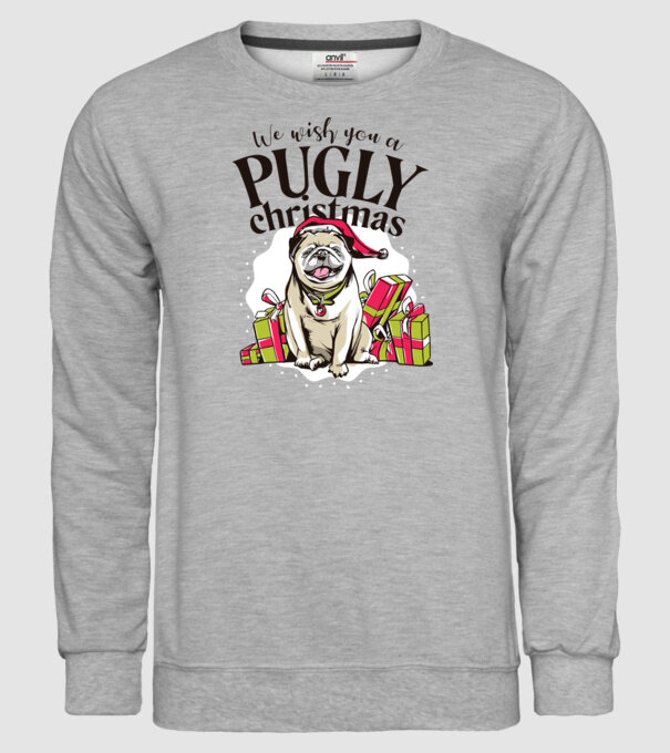 We wish You a Pugly Christmas tricou cu mops model gri pe tricou
