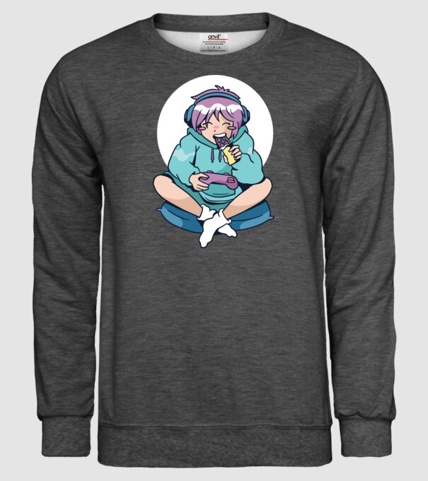 Anime Gamer Fată cu ciocolată model gri închis pe tricou