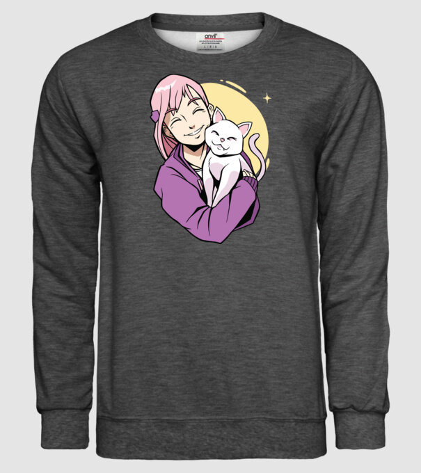Anime fată cu pisică model gri închis pe tricou