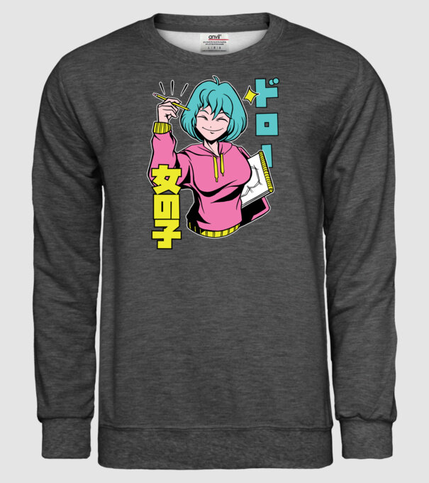 Anime fată desenând model gri închis pe tricou