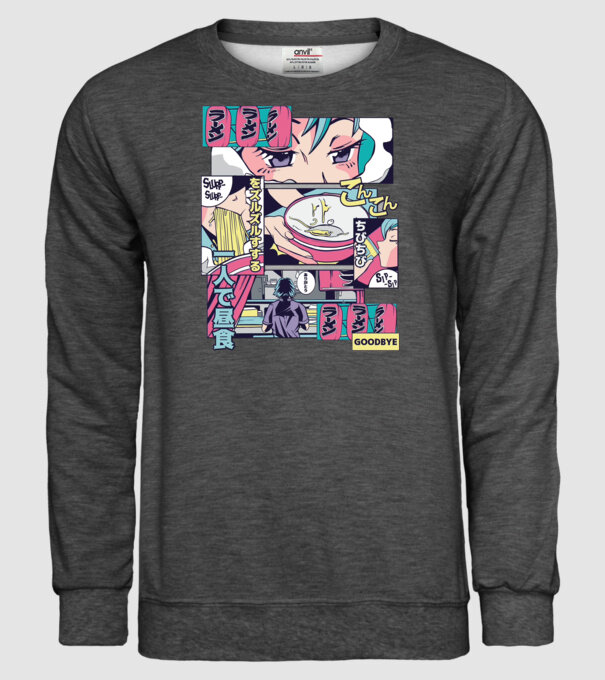 Anime Vaporwave Ramen model gri închis pe tricou