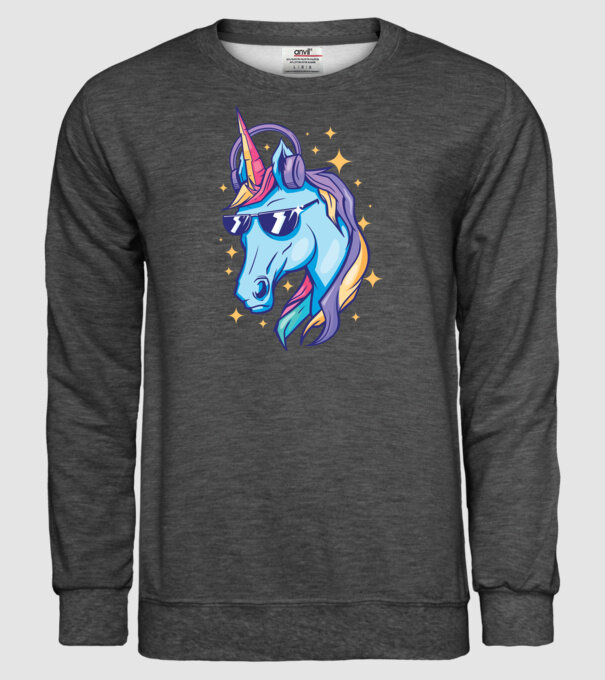 Unicorn strălucitor cu căști model gri închis pe tricou