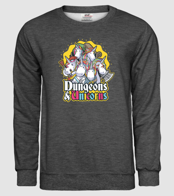 Dungeons and Unicorns model gri închis pe tricou