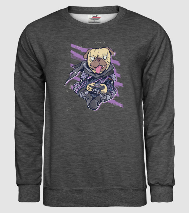 Mops Gamer model gri închis pe tricou
