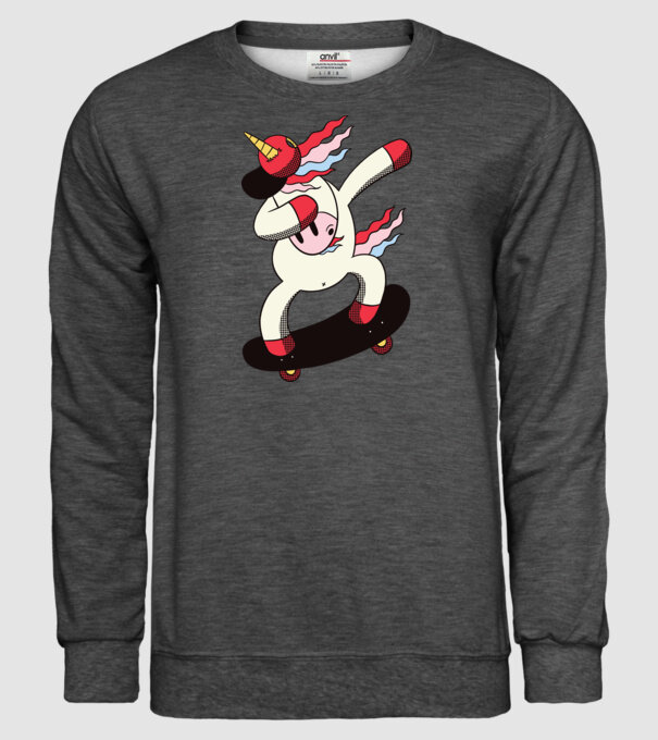 Skateboarder Unicorn DAB model gri închis pe tricou
