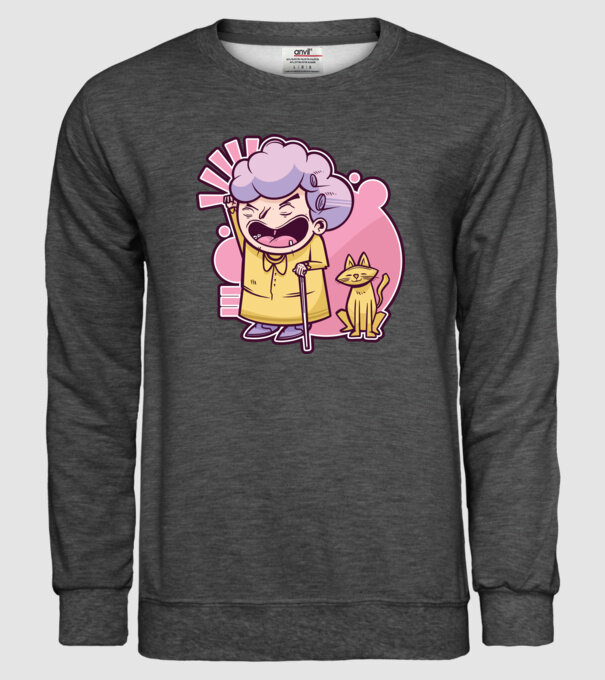 Bunică cu pisică model gri închis pe tricou