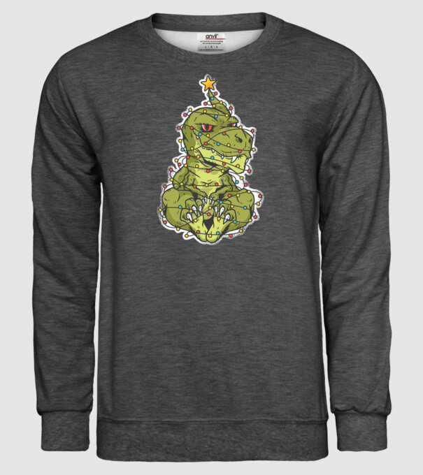 Dinozaur T-rex Pom de Crăciun tricou model gri închis pe tricou