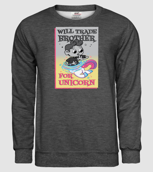 Îl ofer la schimb pe fratele meu pentru un unicorn model gri închis pe tricou