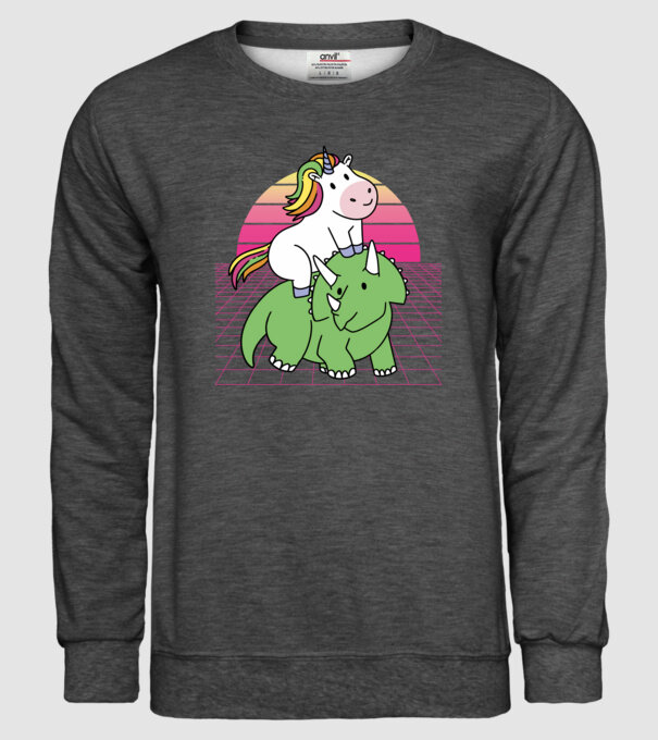 Unicorn pe dinozaur retro model gri închis pe tricou
