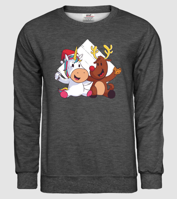 Unicorn și Ren prietenie tricou drăguț de Crăciun model gri închis pe tricou