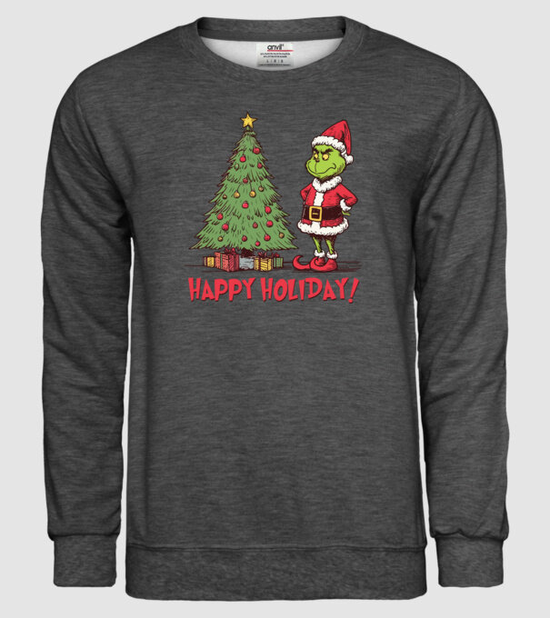 Happy Holiday Grinch model gri închis pe tricou