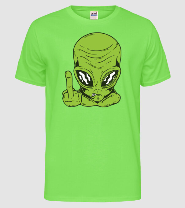 Alien arată degetul model verde neon pe tricou