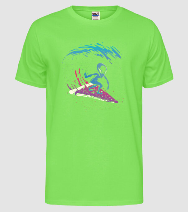 Alien Pizza Surf tricou amuzant model verde neon pe tricou