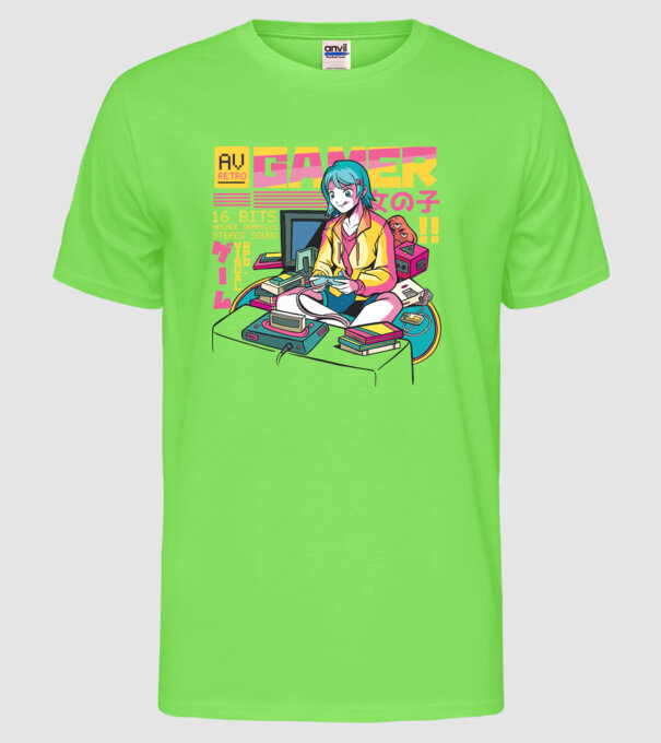 Anime fată Gamer model verde neon pe tricou