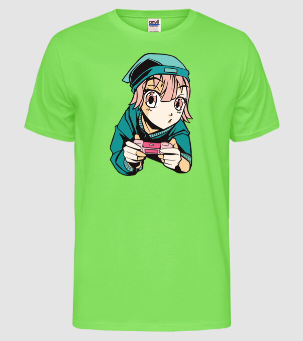 Anime fată Gamer model verde neon pe tricou