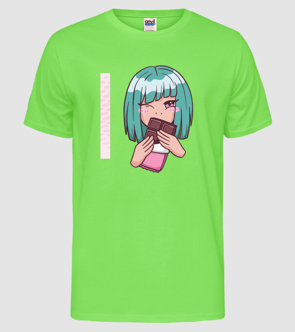 Anime fată cu ciocolată model verde neon pe tricou