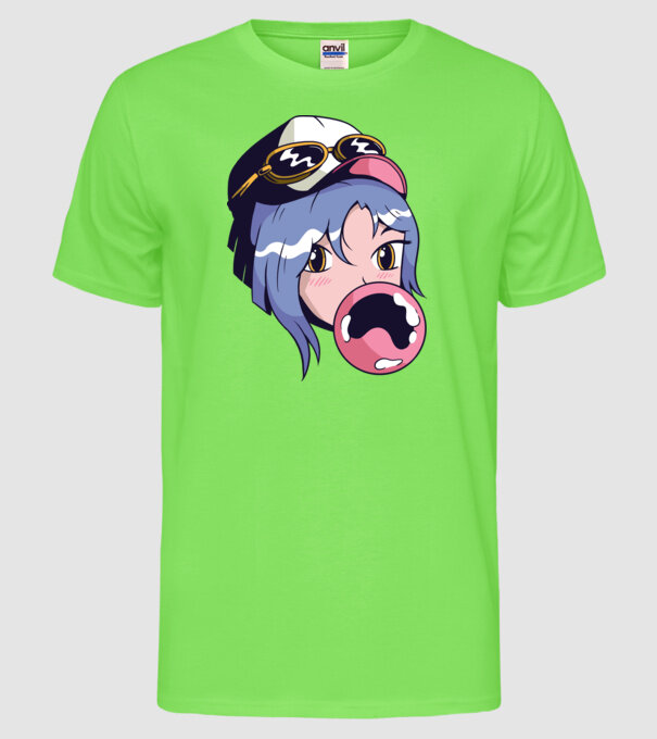fată Anime cu gumă de mestecat model verde neon pe tricou