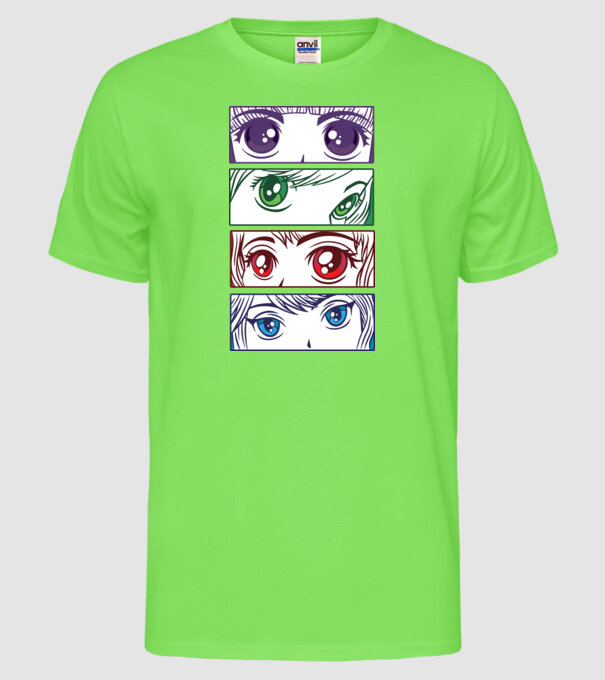 Anime ochi de fată Pop Art model verde neon pe tricou