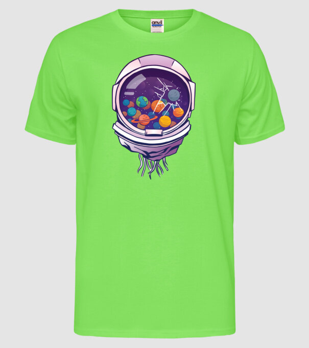 Cască de astronaut model verde neon pe tricou