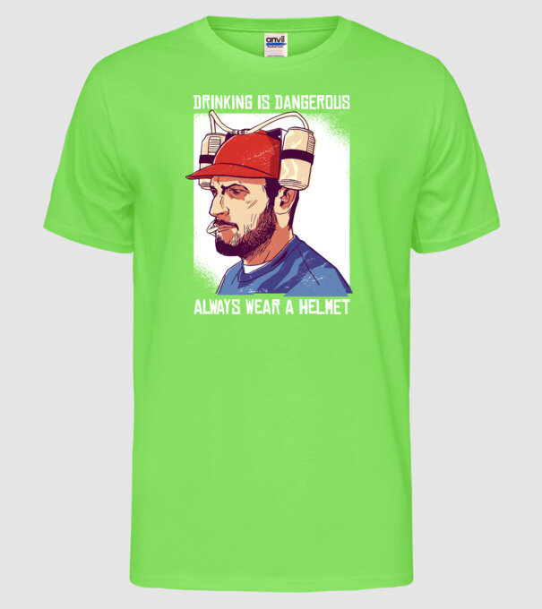 Băutul este periculos, poartă întotdeauna o cască model verde neon pe tricou