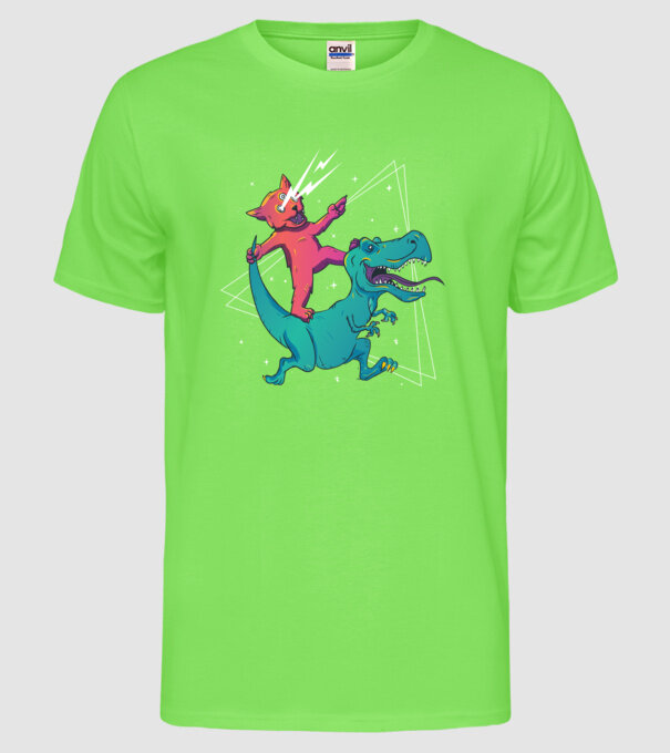 Pisică drogată pe dinozaur model verde neon pe tricou