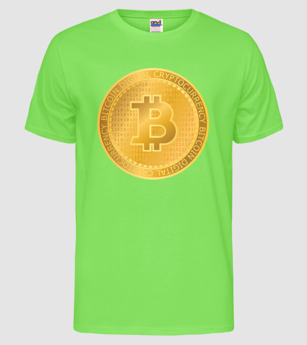 Monedă de aur Bitcoin model verde neon pe tricou