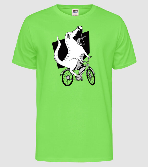 Dinozaur cu bicicletă model verde neon pe tricou