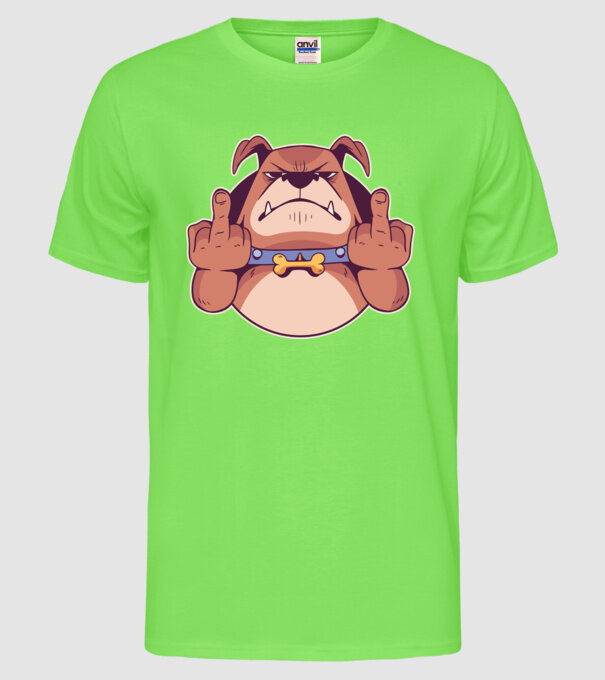 Bulldog arată degetul model verde neon pe tricou