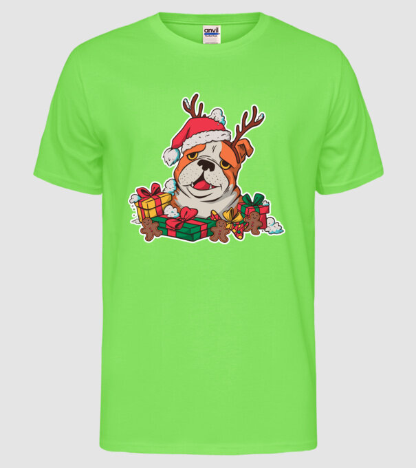 Bulldog de Crăciun model verde neon pe tricou