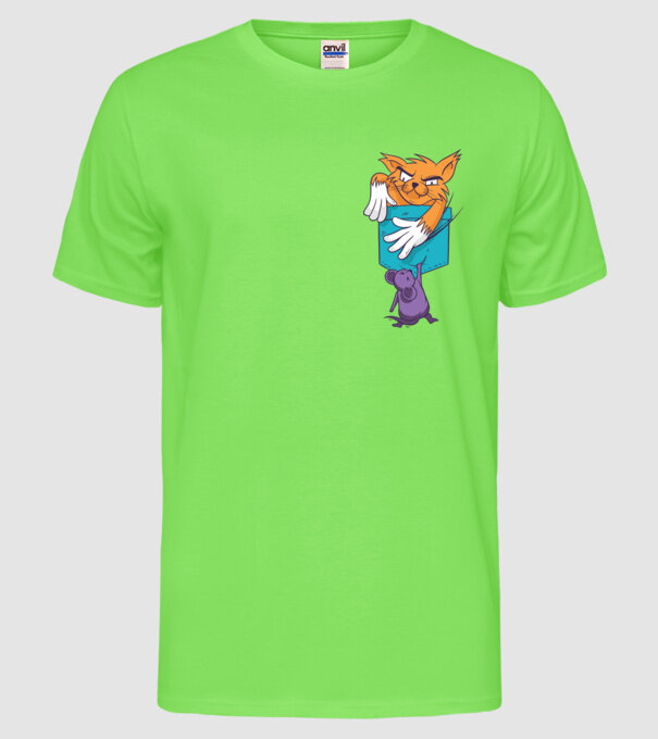 Pisică cu șoarece buzunar model verde neon pe tricou