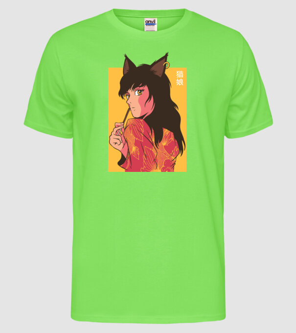 Pisică Fată Anime model verde neon pe tricou