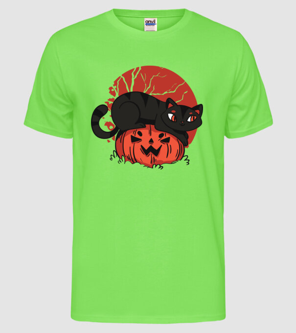 Pisică pe dovleac Halloween model verde neon pe tricou