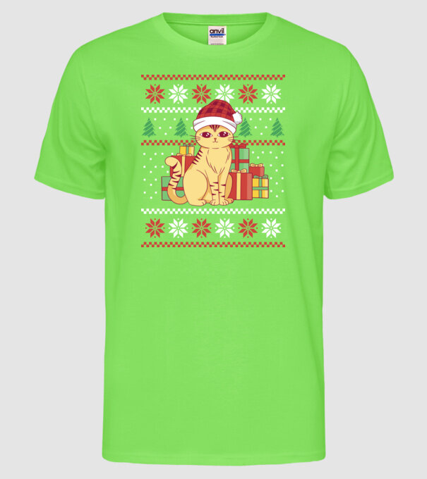 Pulover urât cu pisică model verde neon pe tricou