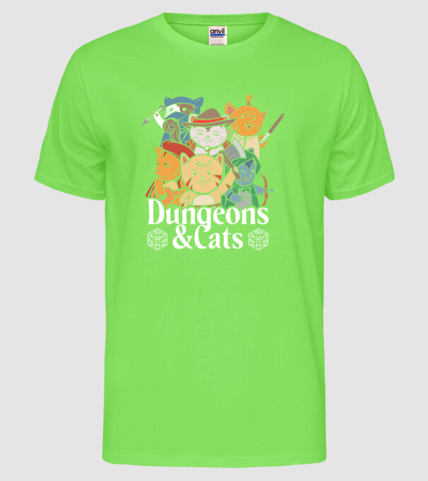Dungeons and Cats - Joc de rol cu pisici model verde neon pe tricou