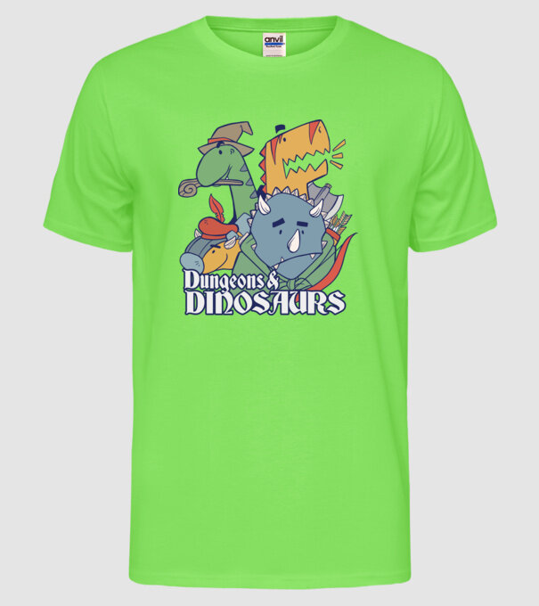 Dungeons and Dinosaurs model verde neon pe tricou
