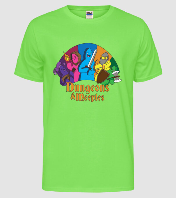 Dungeons Meeples model verde neon pe tricou