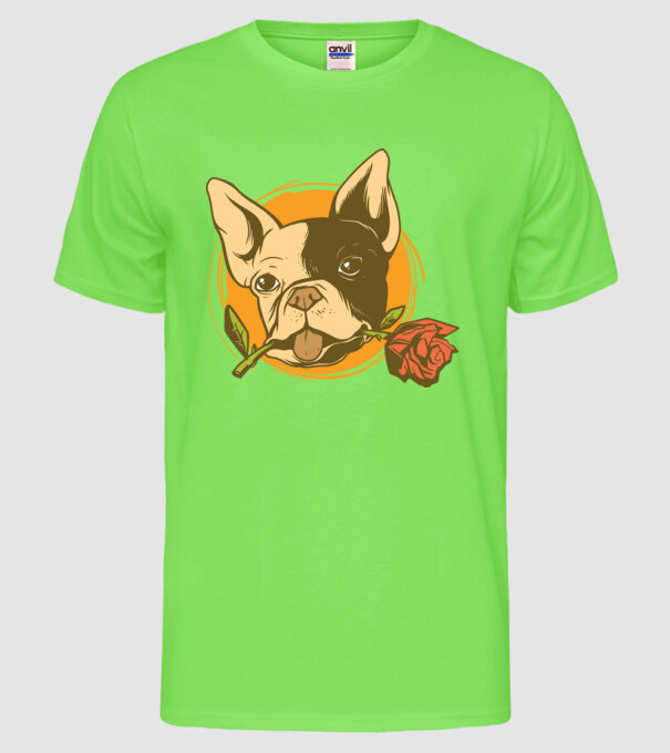 Bulldog francez cu trandafir model verde neon pe tricou