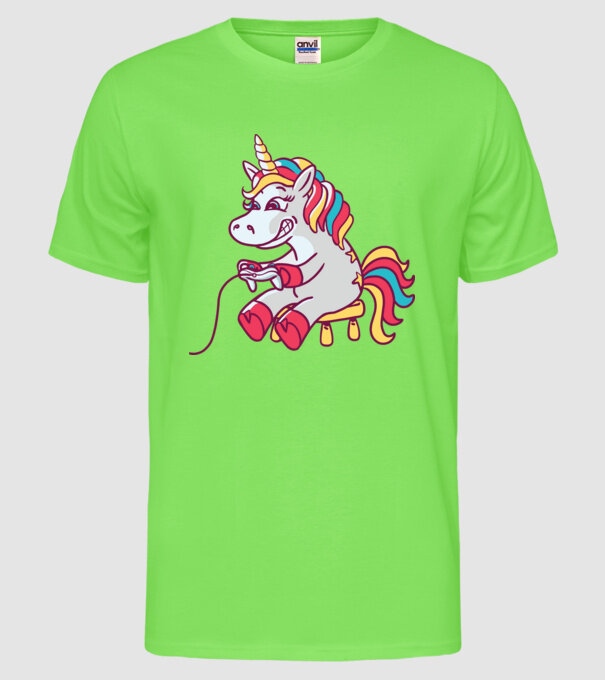 Gamer Unicorn model verde neon pe tricou