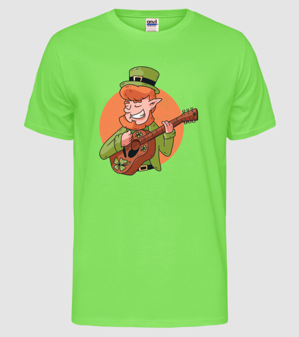 Chitarist Leprechaun irlandez St Patrick model verde neon pe tricou