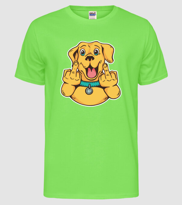 Golden Retriever arată degetul model verde neon pe tricou