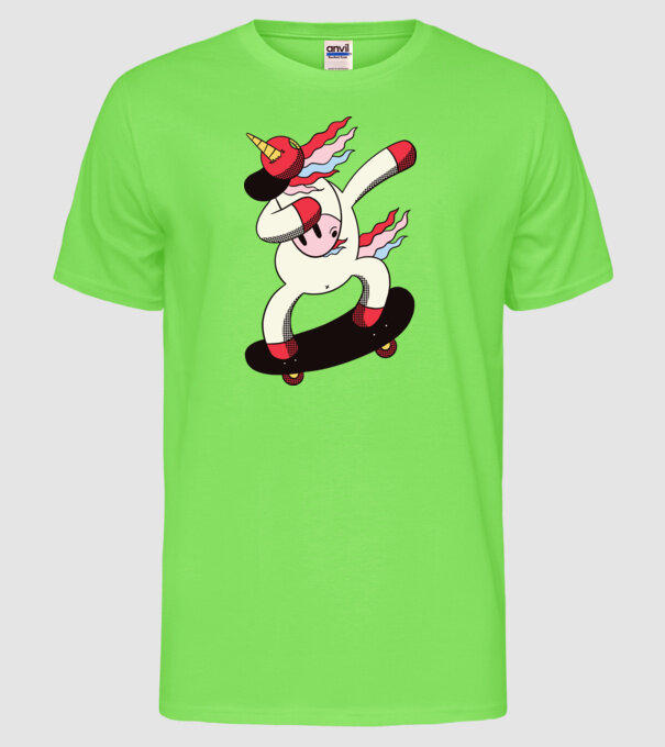 Skateboarder Unicorn DAB model verde neon pe tricou