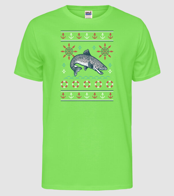 Pulover urât cu pește model verde neon pe tricou