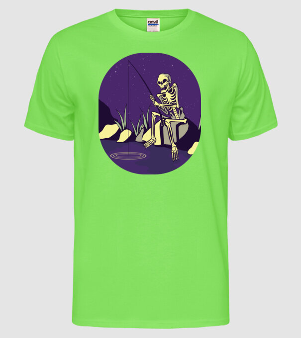 Schelet pescar model verde neon pe tricou