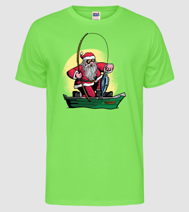 Moș Crăciun pescar model verde neon pe tricou