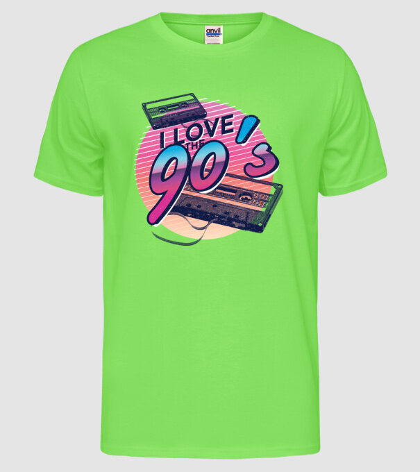 I love the 90s Casetă model verde neon pe tricou