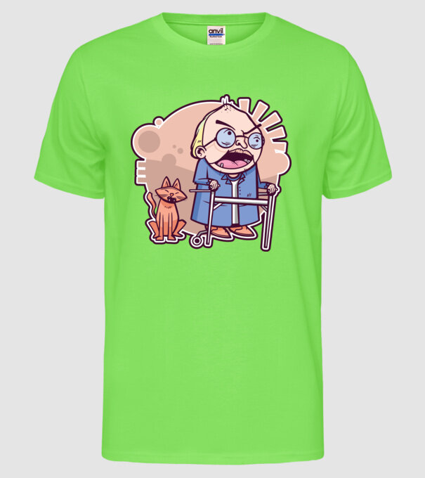 Bunic în vârstă cu pisică model verde neon pe tricou