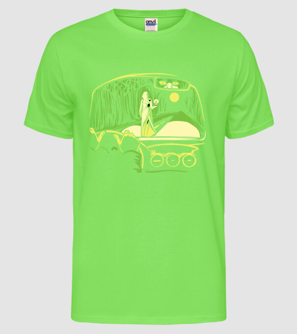 Femeie sperietoare pe drum model verde neon pe tricou