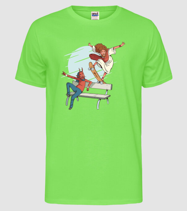 Isus Skateboarding model verde neon pe tricou